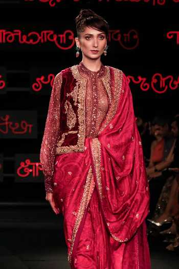 RI.Ritu Kumar_Fuchsia Silk, Velvet High Neck, Mandarin Brocade Jamavar Saree Set With Jacket _Online_at_Aza_Fashions