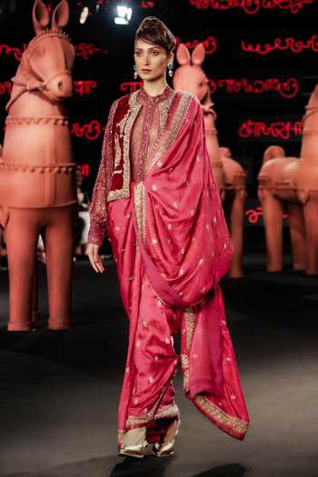 Buy_RI.Ritu Kumar_Fuchsia Silk, Velvet High Neck, Mandarin Brocade Jamavar Saree Set With Jacket _Online_at_Aza_Fashions