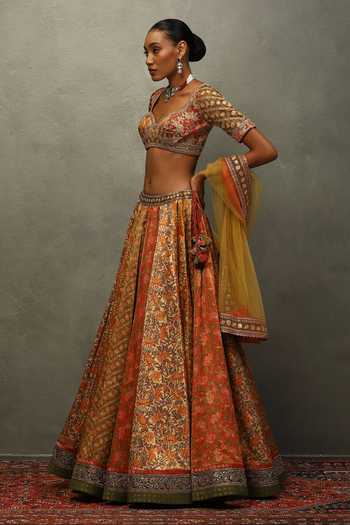 Shop_RI.Ritu Kumar_Orange Viscose, Silk, Polyester Sweetheart Roshafi Printed Panelled Lehenga Set _Online_at_Aza_Fashions
