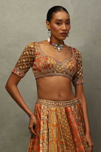 RI.Ritu Kumar_Orange Viscose, Silk, Polyester Sweetheart Roshafi Printed Panelled Lehenga Set _at_Aza_Fashions