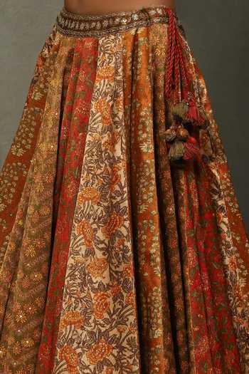 Buy_RI.Ritu Kumar_Orange Viscose, Silk, Polyester Sweetheart Roshafi Printed Panelled Lehenga Set 