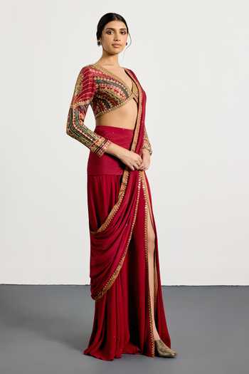 Buy_RI.Ritu Kumar_Magenta Viscose, Chinon, Silk, Dupion Gulzar Garden Pre-draped Saree With Blouse 