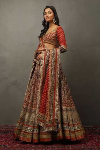 Buy_RI.Ritu Kumar_Red Silk, Polyester, Dupion Sweetheart Satnam Zardozi Embroidered Lehenga Set _Online_at_Aza_Fashions