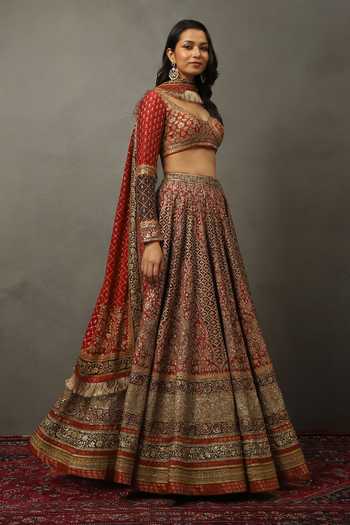 Shop_RI.Ritu Kumar_Red Silk, Polyester, Dupion Sweetheart Satnam Zardozi Embroidered Lehenga Set _Online_at_Aza_Fashions