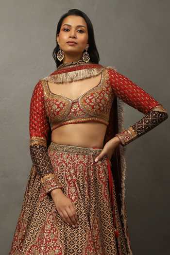 RI.Ritu Kumar_Red Silk, Polyester, Dupion Sweetheart Satnam Zardozi Embroidered Lehenga Set _at_Aza_Fashions