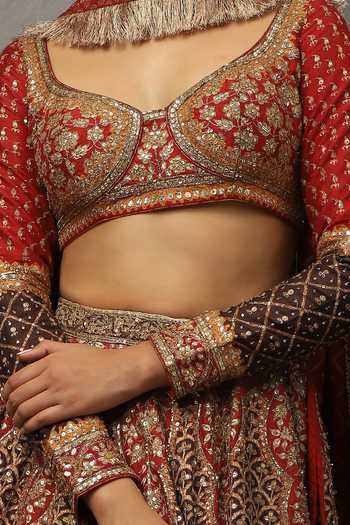 Buy_RI.Ritu Kumar_Red Silk, Polyester, Dupion Sweetheart Satnam Zardozi Embroidered Lehenga Set 