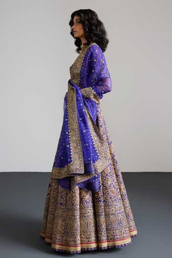 Buy_RI.Ritu Kumar_Purple Organza, V-neck Alaknanda Printed And Embroidered Lehenga Set 