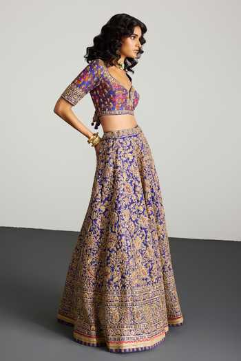 Shop_RI.Ritu Kumar_Purple Organza, V-neck Alaknanda Printed And Embroidered Lehenga Set 