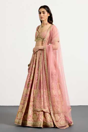 RI.Ritu Kumar_Pink Silk, Polyester Sweetheart Neck Vara Pastel Embroidered Bridal Lehenga Set _Online_at_Aza_Fashions