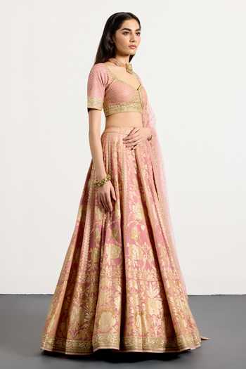 Buy_RI.Ritu Kumar_Pink Silk, Polyester Sweetheart Neck Vara Pastel Embroidered Bridal Lehenga Set _Online_at_Aza_Fashions
