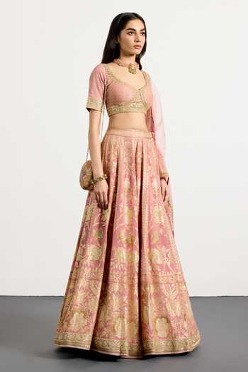 Shop_RI.Ritu Kumar_Pink Silk, Polyester Sweetheart Neck Vara Pastel Embroidered Bridal Lehenga Set _Online_at_Aza_Fashions