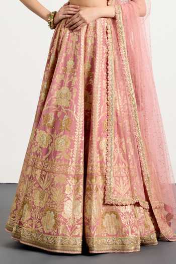 Buy_RI.Ritu Kumar_Pink Silk, Polyester Sweetheart Neck Vara Pastel Embroidered Bridal Lehenga Set 