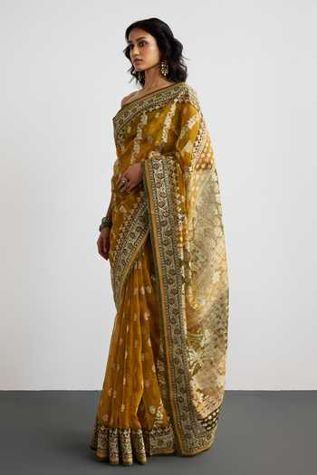 RI.Ritu Kumar_Yellow Silk Organza Jamdani Printed Saree With Unstitched Blouse Piece _Online_at_Aza_Fashions