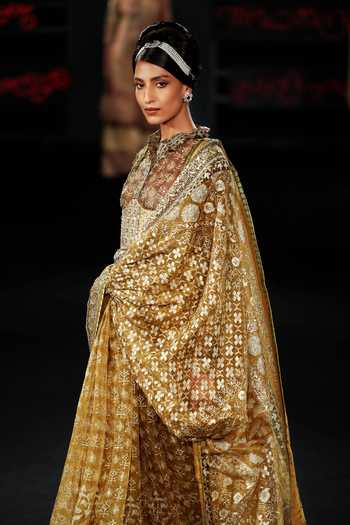 RI.Ritu Kumar_Olive Green Silk Organza Jamdani Pre-draped Printed Saree With Shirt _Online_at_Aza_Fashions
