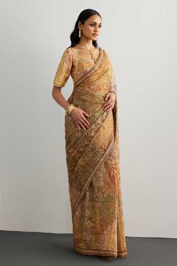 RI.Ritu Kumar_Peach Silk Organza Sweetheart Neck Pitch Patch Embroidered Saree With Blouse _Online_at_Aza_Fashions