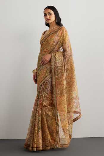 Buy_RI.Ritu Kumar_Peach Silk Organza Sweetheart Neck Pitch Patch Embroidered Saree With Blouse _Online_at_Aza_Fashions