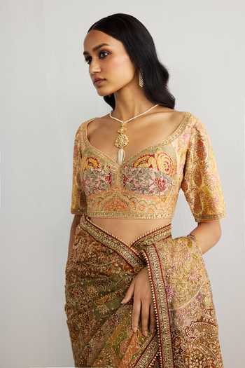 Shop_RI.Ritu Kumar_Peach Silk Organza Sweetheart Neck Pitch Patch Embroidered Saree With Blouse _Online_at_Aza_Fashions