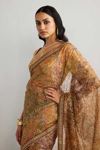Buy_RI.Ritu Kumar_Peach Silk Organza Sweetheart Neck Pitch Patch Embroidered Saree With Blouse 