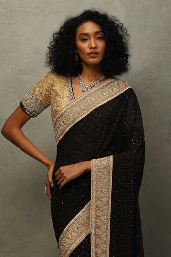 Shop_RI.Ritu Kumar_Black Silk, Brocade, Georgette Avishikta Saree With Unstitched Blouse Piece _Online_at_Aza_Fashions