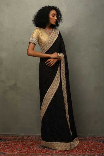 RI.Ritu Kumar_Black Silk, Brocade, Georgette Avishikta Saree With Unstitched Blouse Piece _at_Aza_Fashions
