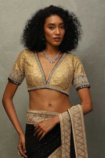 Buy_RI.Ritu Kumar_Black Silk, Brocade, Georgette Avishikta Saree With Unstitched Blouse Piece 