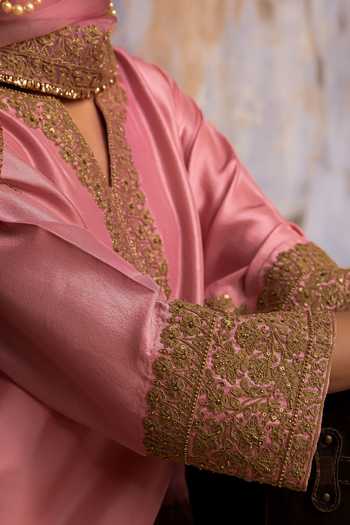 Buy_Charu Makkar_Pink Silk, Dupion, Organza V-neck, Yes Hania Embroidered Kurta Sharara Set _Online_at_Aza_Fashions