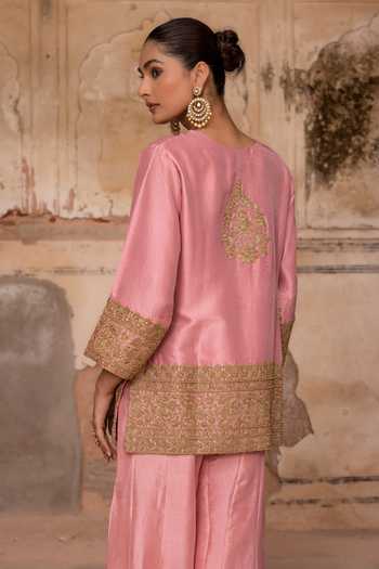 Shop_Charu Makkar_Pink Silk, Dupion, Organza V-neck, Yes Hania Embroidered Kurta Sharara Set _Online_at_Aza_Fashions