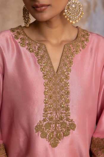 Charu Makkar_Pink Silk, Dupion, Organza V-neck, Yes Hania Embroidered Kurta Sharara Set _at_Aza_Fashions