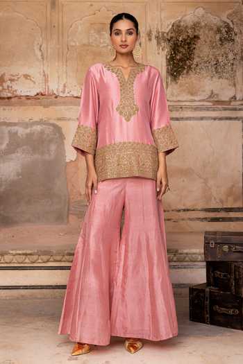 Shop_Charu Makkar_Pink Silk, Dupion, Organza V-neck, Yes Hania Embroidered Kurta Sharara Set 