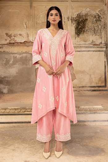 Buy Charu Makkar Pink Silk, Chanderi, Organza Keyhole Neck Rama Embroidered Kurta Set Online at Aza Fashions Buy_Charu Makkar_Pink Silk, Chanderi, Organza Keyhole Neck Rama Embroidered Kurta Set _Online_at_Aza_Fashions
