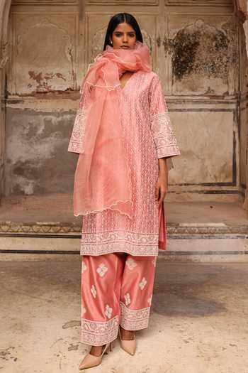 Shop_Charu Makkar_Pink Silk, Chanderi, Organza V-neck Amna Embroidered Kurta Set _Online_at_Aza_Fashions