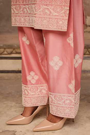 Charu Makkar_Pink Silk, Chanderi, Organza V-neck Amna Embroidered Kurta Set _at_Aza_Fashions