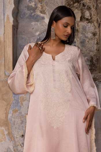 Shop Charu Makkar Pink Satin, Linen, Modal Round Neck, Yes Fiza Dori Embroidered Kurta And Pant Set Online at Aza Fashions Shop_Charu Makkar_Pink Satin, Linen, Modal Round Neck, Yes Fiza Dori Embroidered Kurta And Pant Set _Online_at_Aza_Fashions