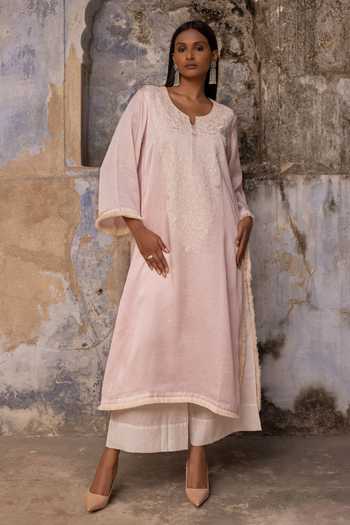 Charu Makkar Pink Satin, Linen, Modal Round Neck, Yes Fiza Dori Embroidered Kurta And Pant Set at Aza Fashions Charu Makkar_Pink Satin, Linen, Modal Round Neck, Yes Fiza Dori Embroidered Kurta And Pant Set _at_Aza_Fashions