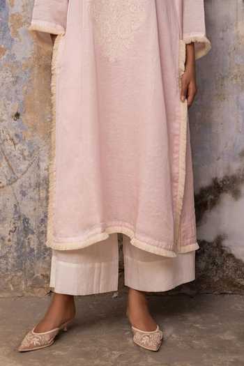 Shop Charu Makkar Pink Satin, Linen, Modal Round Neck, Yes Fiza Dori Embroidered Kurta And Pant Set Shop_Charu Makkar_Pink Satin, Linen, Modal Round Neck, Yes Fiza Dori Embroidered Kurta And Pant Set