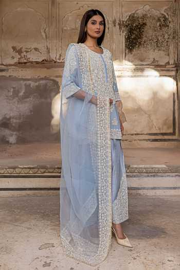 Charu Makkar_Blue Chanderi, Silk, Organza Round Neck Saboor Dori Embroidered Kurta Set _Online_at_Aza_Fashions