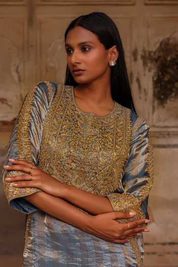 Shop_Charu Makkar_Blue Organza, Tissue, Silk Round Neck Noor Stripe Woven Kurta Set 