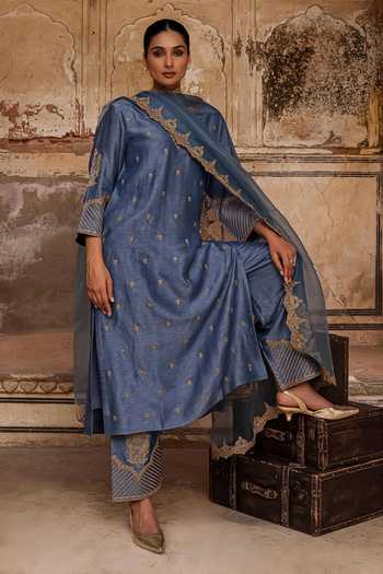 Shop_Charu Makkar_Blue Silk, Organza Split V-neck, Yes Rumaila Embroidered Kurta Set 