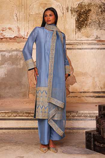 Buy_Charu Makkar_Blue Silk, Dupion, Organza Round Neck, Yes Shazia Border Embroidered Kurta Set 