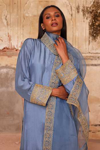 Shop_Charu Makkar_Blue Silk, Dupion, Organza Round Neck, Yes Shazia Border Embroidered Kurta Set 