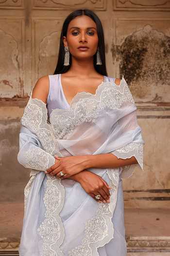 Charu Makkar_Blue Organza, Silk Ayesha Saree With Unstitched Blouse Piece _Online_at_Aza_Fashions