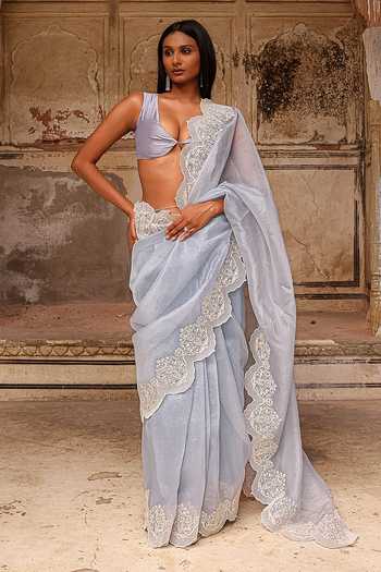Charu Makkar_Blue Organza, Silk Ayesha Saree With Unstitched Blouse Piece _at_Aza_Fashions