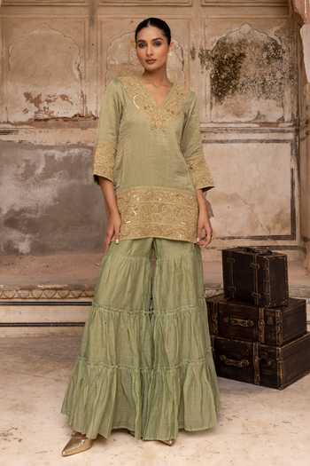 Buy_Charu Makkar_Green Chanderi, Tissue, Organza V-neck, Yes Rumi Embroidered Kurta Gharara Set _Online_at_Aza_Fashions