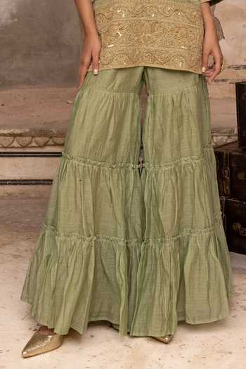 Shop_Charu Makkar_Green Chanderi, Tissue, Organza V-neck, Yes Rumi Embroidered Kurta Gharara Set 