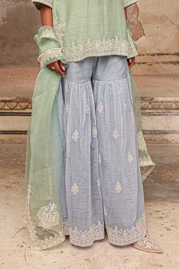 Charu Makkar_Green Chanderi, Organza Split V-neck Ayra Embroidered Kurta Sharara Set _Online_at_Aza_Fashions