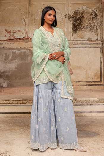 Charu Makkar_Green Chanderi, Organza Split V-neck Ayra Embroidered Kurta Sharara Set _at_Aza_Fashions