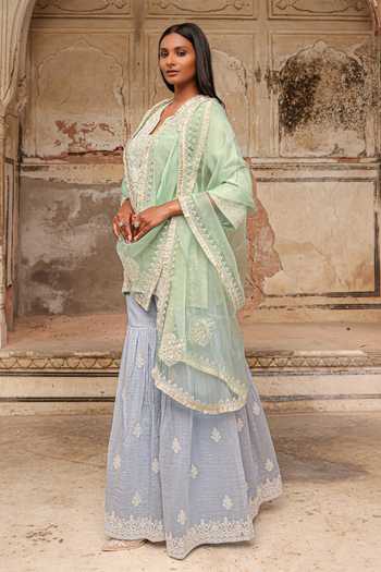 Buy_Charu Makkar_Green Chanderi, Organza Split V-neck Ayra Embroidered Kurta Sharara Set 
