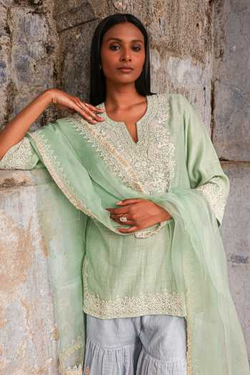 Shop_Charu Makkar_Green Chanderi, Organza Split V-neck Ayra Embroidered Kurta Sharara Set 