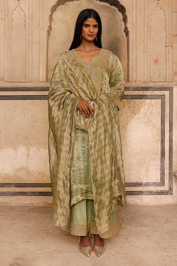 Shop_Charu Makkar_Green Organza, Tissue, Silk V-neck Fariya Embroidered Kurta Set _Online_at_Aza_Fashions