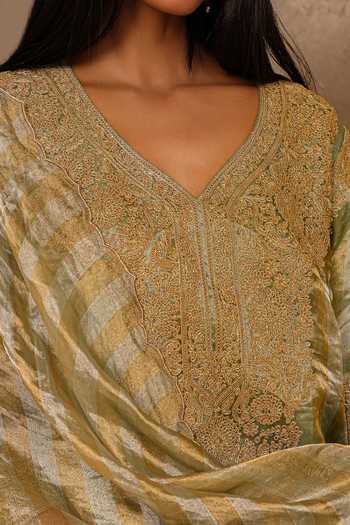 Shop_Charu Makkar_Green Organza, Tissue, Silk V-neck Fariya Embroidered Kurta Set 